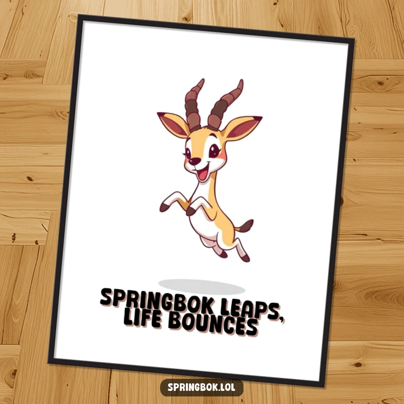 Funny Free Printable Wall Art: A springbok leaps with uninhibited joy, its ears comically flopping forward in mid-air.