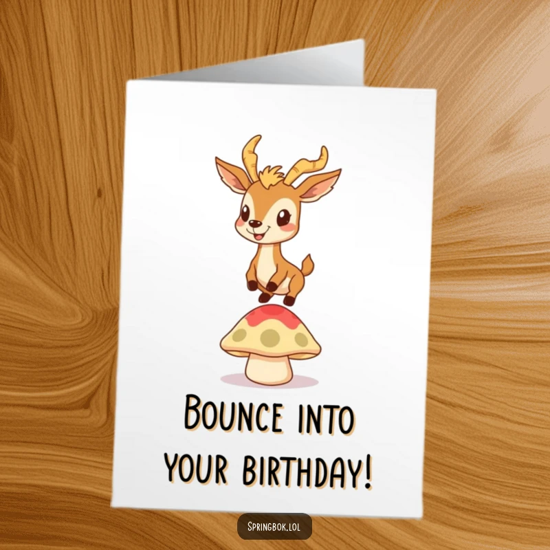 Funny Free Printable Birthday Card: A springbok with a goofy grin enthusiastically bounces on a springy mushroom cap.