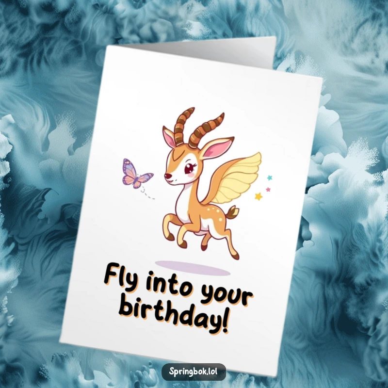 Funny Free Printable Birthday Card showing a springbok with angelic wings playfully pursuing a delicate, shimmering butterfly.