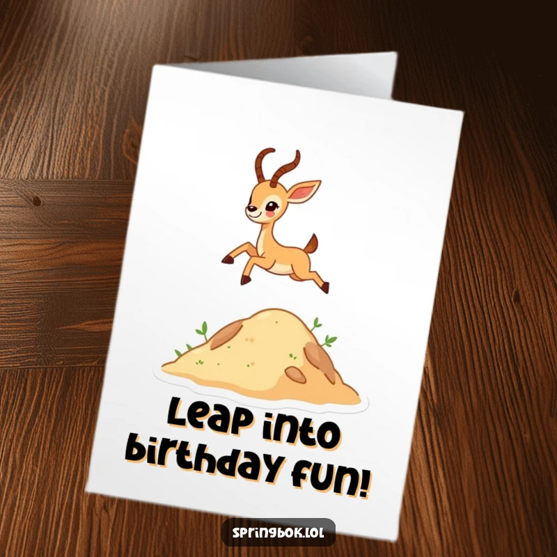 Funny Free Printable Birthday Card showing a tiny antelope character leaping joyfully high over a small green hill.
