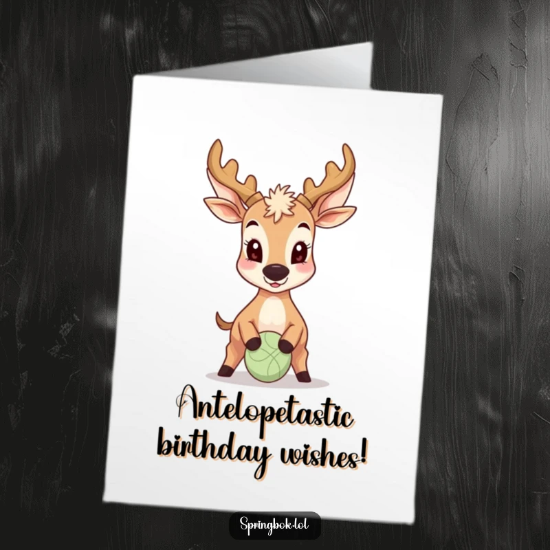 Funny Free Printable Birthday Card: Antelope joyfully bouncing a small ball with its nose, ready to party.