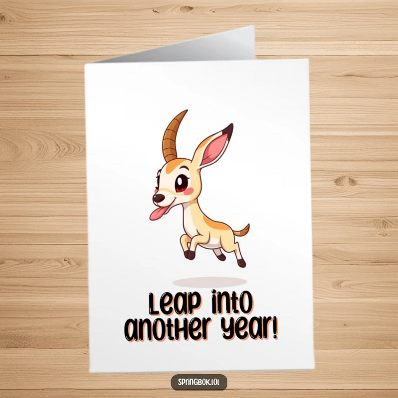 Funny Free Printable Birthday Card: A springbok mid-air, tongue out in exhilaration, capturing pure, playful energy for their big day.