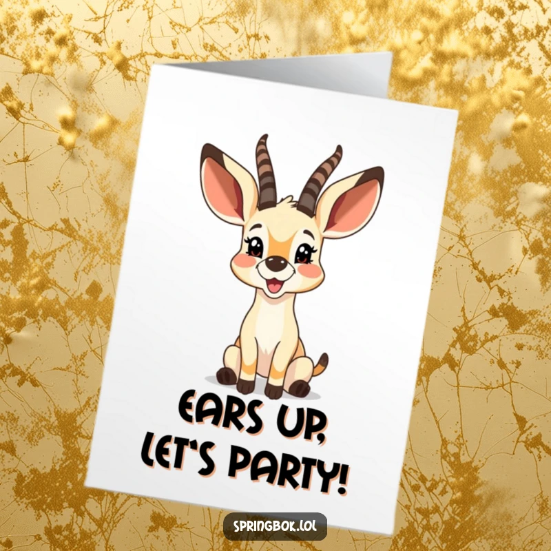 Funny Free Printable Birthday Card: A happy springbok with large, twitching ears, radiating pure glee. A downloadable celebration.