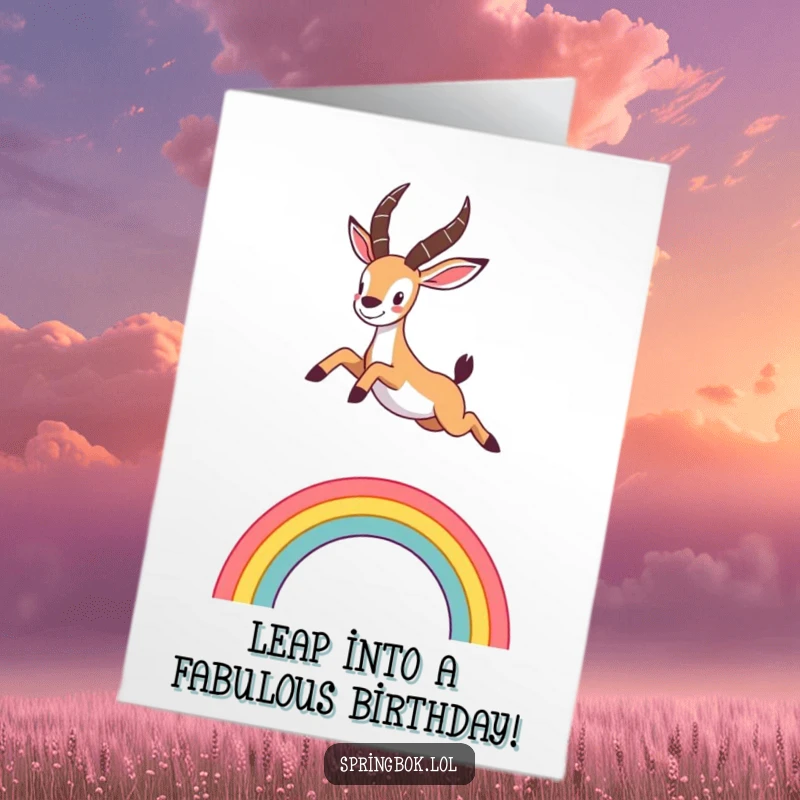 Cute Free Printable Birthday Card: Adorable springbok enthusiastically leaping over a colorful stylized rainbow arc with pure joy and energy.