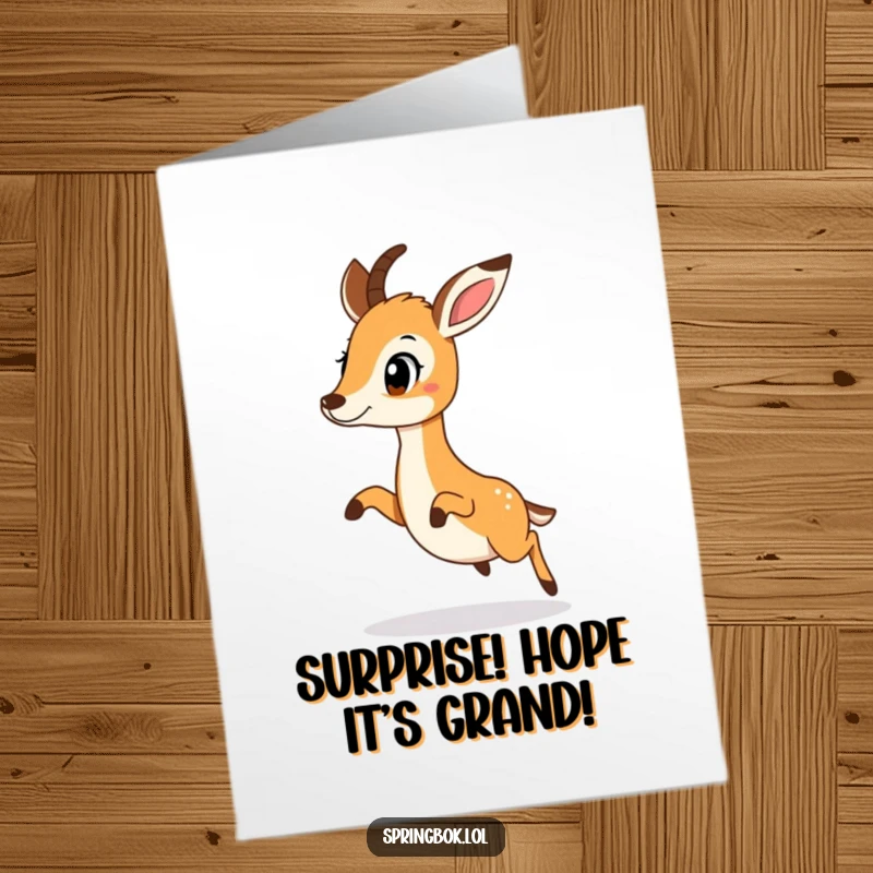 Funny Free Printable Birthday Card: A springbok caught mid-hop, looking delightfully surprised. A downloadable humorous greeting.