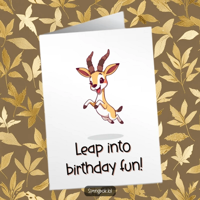 Funny Free Printable Happy Birthday Card: A springbok leaps with pure joy, its ears flopped forward in a comical, happy dance.