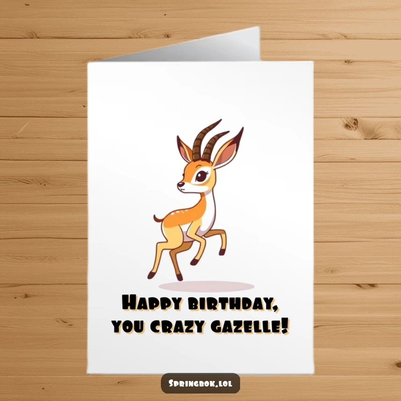 Funny Free Printable Birthday Card: An energetic springbok playfully chases its own shadow across a sunny landscape.
