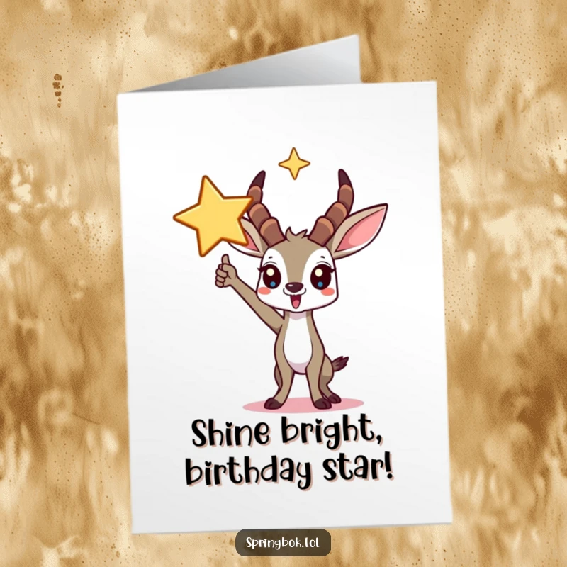Funny free printable birthday card featuring a triumphant springbok character striking a pose beneath a large, shining star.