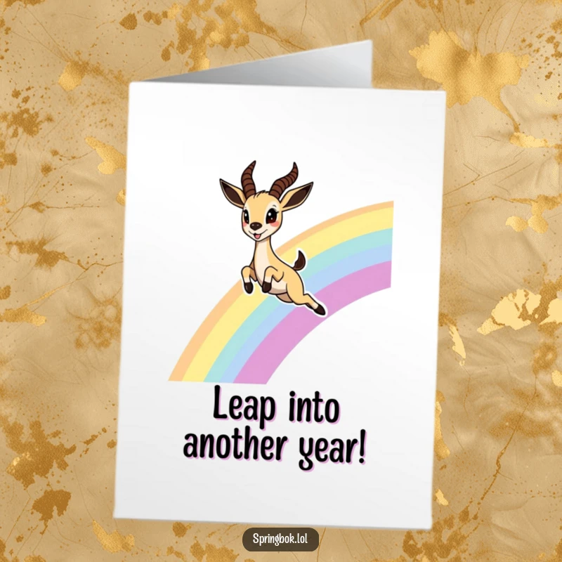 Funny Free Printable Birthday Card featuring a cute springbok leaping joyfully over a vibrant rainbow with wide, delighted eyes.