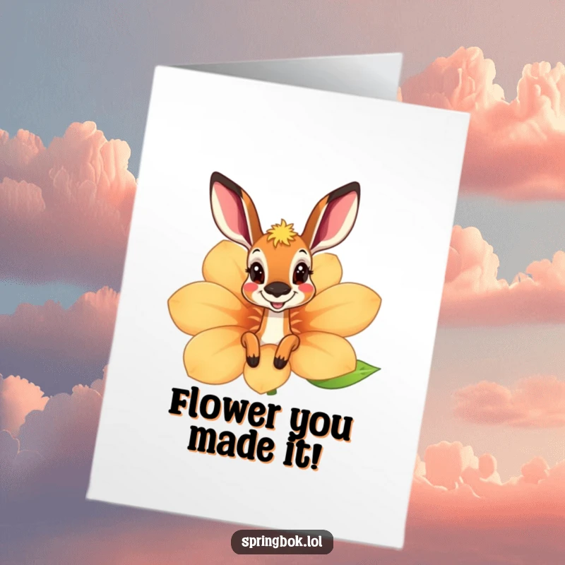 Funny Free Printable Springbok Birthday Card peeking from behind a giant flower, radiating playful joy and birthday wishes.