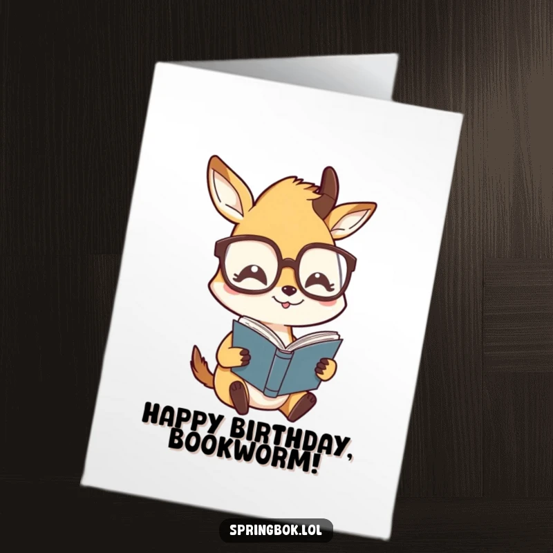 Funny Free Printable Birthday Card: A springbok in oversized glasses humorously reading a book, for a smart birthday.