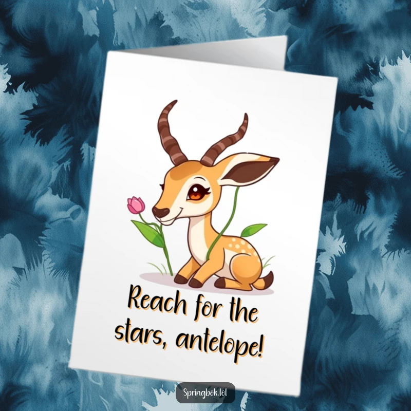 Funny Free Printable Birthday Card: A springbok awkwardly stretches its neck to reach a high leaf, looking determined.