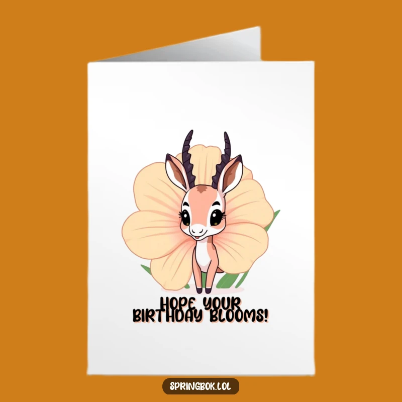 Free Printable Birthday Card: Curious Springbok Flower Peek, Funny Downloadable Gift