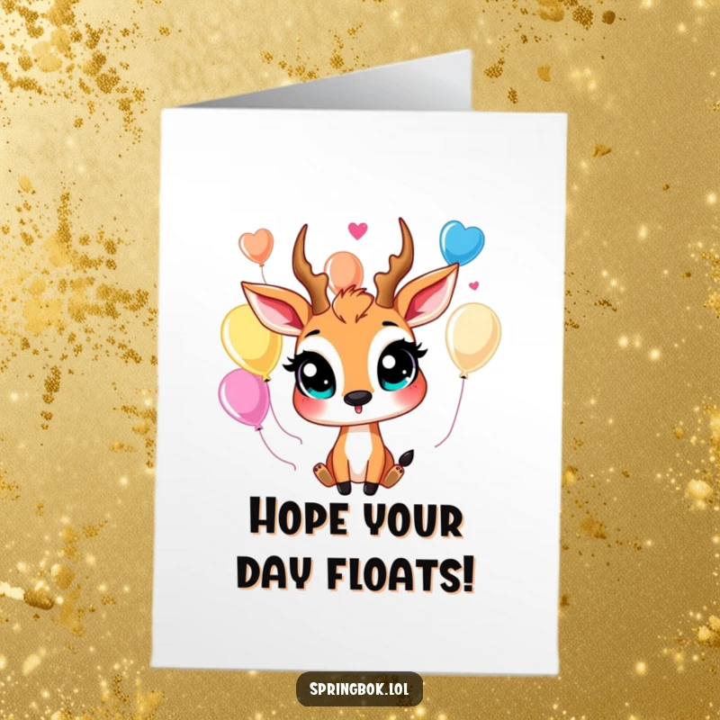 Funny Free Printable Springbok Birthday Card with big eyes juggling colorful balloons, radiating pure birthday excitement.
