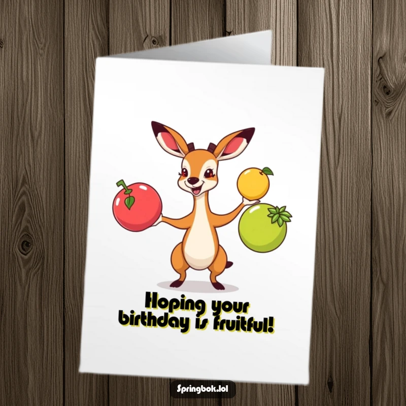 Funny Free Printable Birthday Card: A springbok enthusiastically juggling colorful fruits, celebrating with vibrant energy and a touch of whimsy.