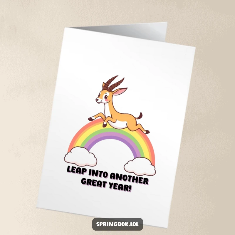 Funny Free Printable Birthday Card: A springbok leaps joyfully over a vibrant rainbow. Whimsical, happy, downloadable, print-at-home greeting.