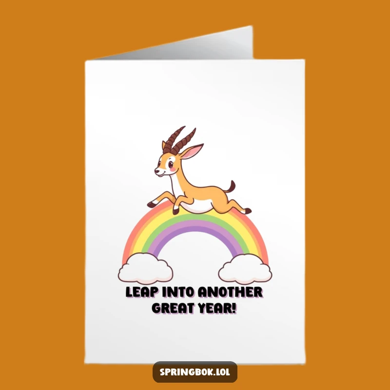 Joyful Free Printable Birthday Card: Rainbow Leaping Springbok - Downloadable Gift