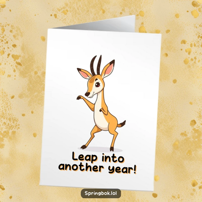 Funny Free Printable Birthday Card: Springbok doing a wildly exaggerated silly dance, spreading cheer for a downloadable gift.