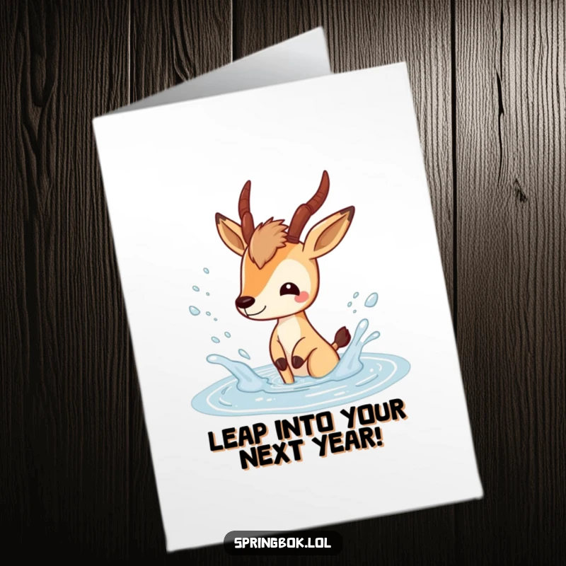 Funny Free Printable Birthday Card: A springbok character joyfully splashing in a puddle, sending happy water droplets flying everywhere.