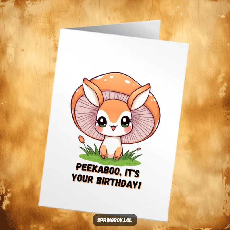 Cute Free Printable Birthday Card featuring a springbok character peeking with wide eyes from behind a large, cheerful mushroom.