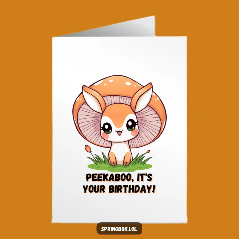 Free Printable Birthday Card: Peeking Springbok Mushroom Surprise Downloadable Gift