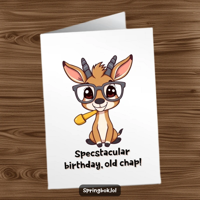 Funny Free Printable Birthday Card featuring a springbok wearing huge glasses, staring at something comical with pure bewilderment.