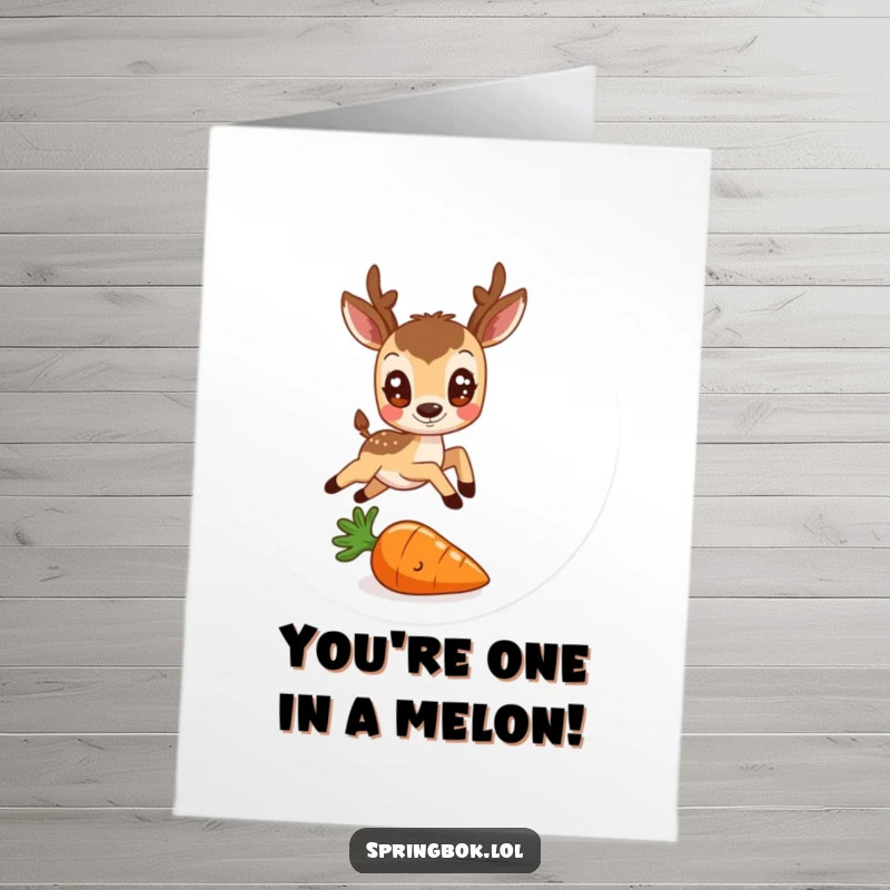 Funny Free Printable Congratulations Card: A small antelope with big eyes leaps over a cheerful carrot in celebration.