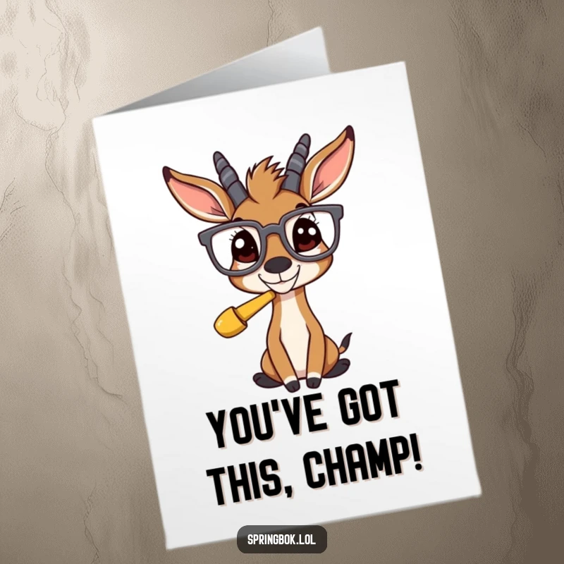 Free Printable Congratulations Card: A springbok in oversized glasses looking quizzically at something funny, a unique and humorous greeting.