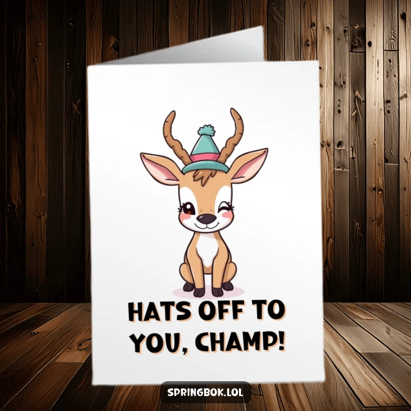 Funny Free Printable Congratulations Card: Playful antelope in hat winks, perfect for celebrating achievements.
