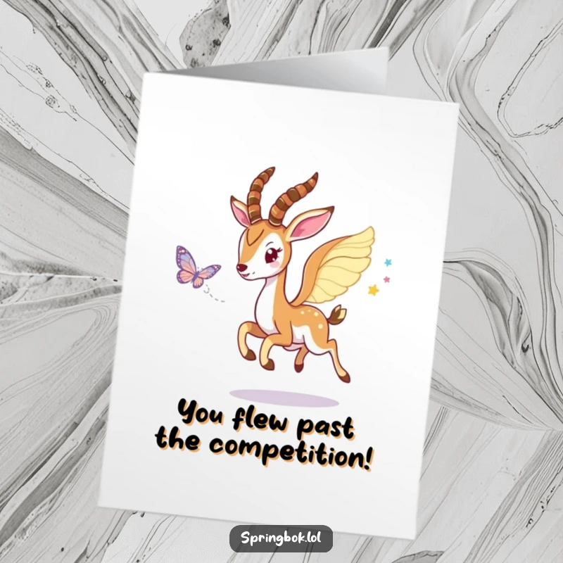 Funny Free Printable Congratulations Card featuring a springbok with wings joyfully chasing a sparkling, shimmering butterfly.