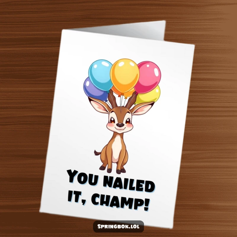 Proud Free Printable Congratulations Card showing a springbok character masterfully balancing colorful balloons on its nose to celebrate.