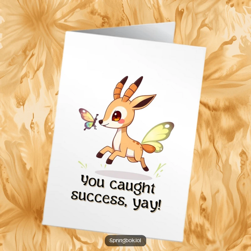 Funny free printable congratulations card depicting a springbok character playfully leaping after a graceful, shimmering butterfly.