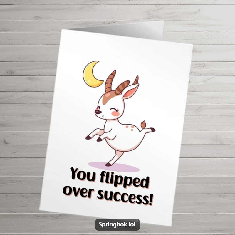 Funny free printable congratulations card showing a springbok character cartwheeling playfully beneath a serene crescent moon.