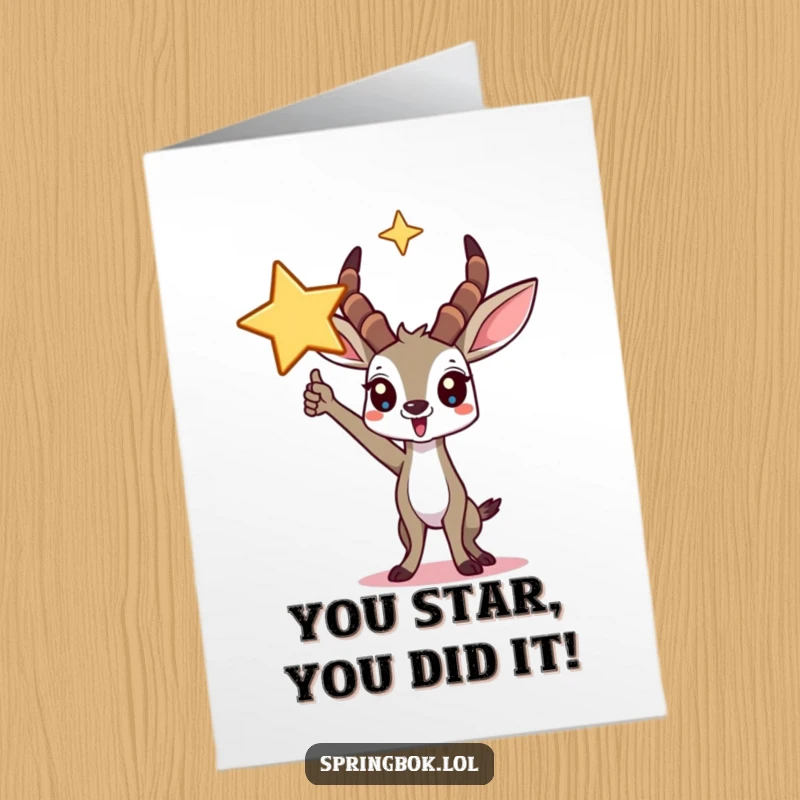 Funny free printable congratulations card showing a jubilant springbok character beaming under a prominent, bright star.
