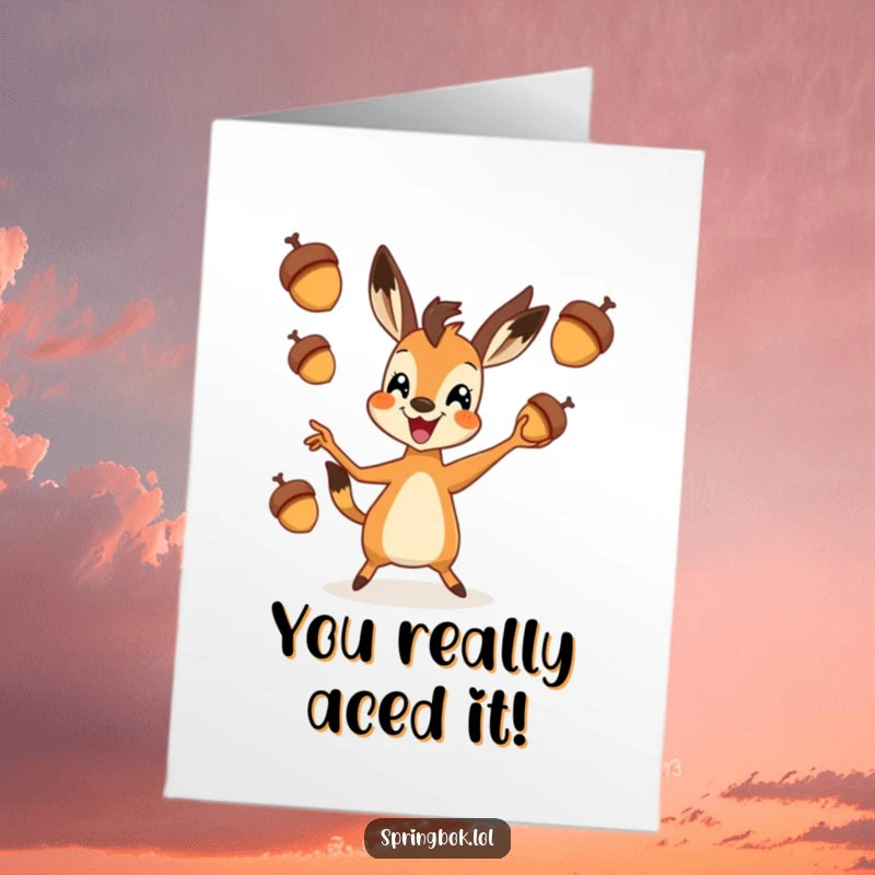 Funny Free Printable Congrats Card: Energetic Springbok enthusiastically juggling acorns, a whimsical downloadable.
