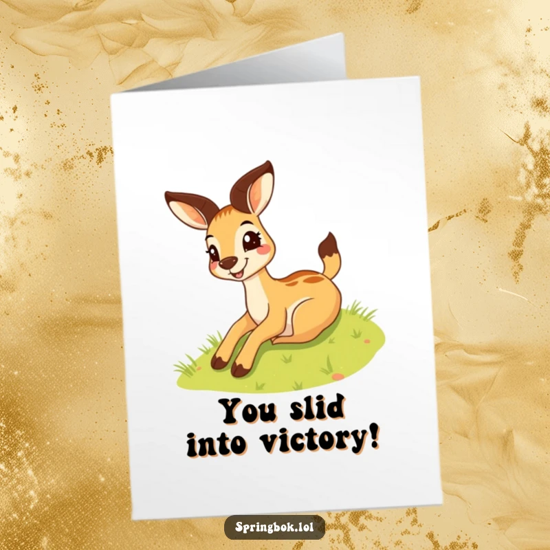 Funny Free Printable Springbok Congrats Card with a silly grin sliding down a hill, celebrating victory with playful energy.