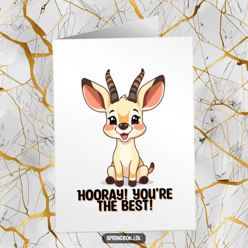 Funny Free Printable Congrats Card: Springbok with huge, perky ears, showing immense glee. A downloadable congratulatory message.