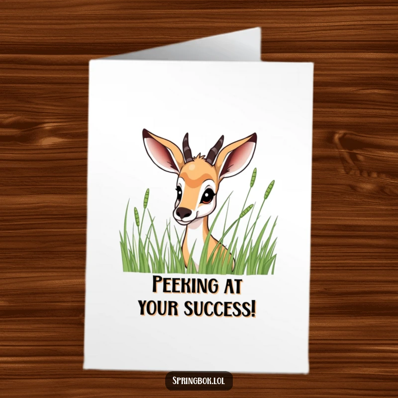 Funny Free Printable Congratulations Card: Springbok peeking with one eye from behind tall grass, conveying a sweet and surprising congrats. Downloadable card.