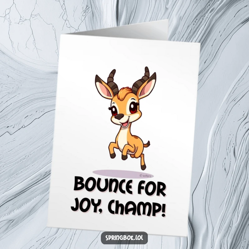 Funny Free Printable Congrats Card: A springbok performs a happy hop with a wide, beaming grin.