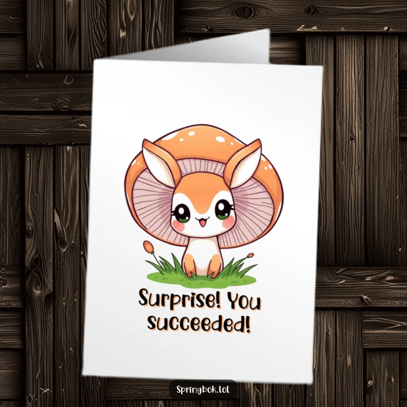 Curious Free Printable Congratulations Card showing a springbok character peeking with wide, amazed eyes from behind a large, smiling mushroom.