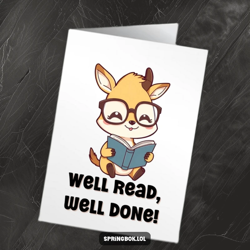 Funny Free Printable Congratulations Card: A springbok in oversized glasses humorously reading a book, celebrating wisdom.