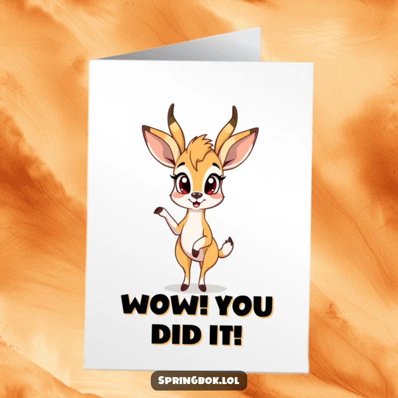 Funny Free Printable Congratulations Card: A springbok with wide eyes and one leg up expresses comical surprise.