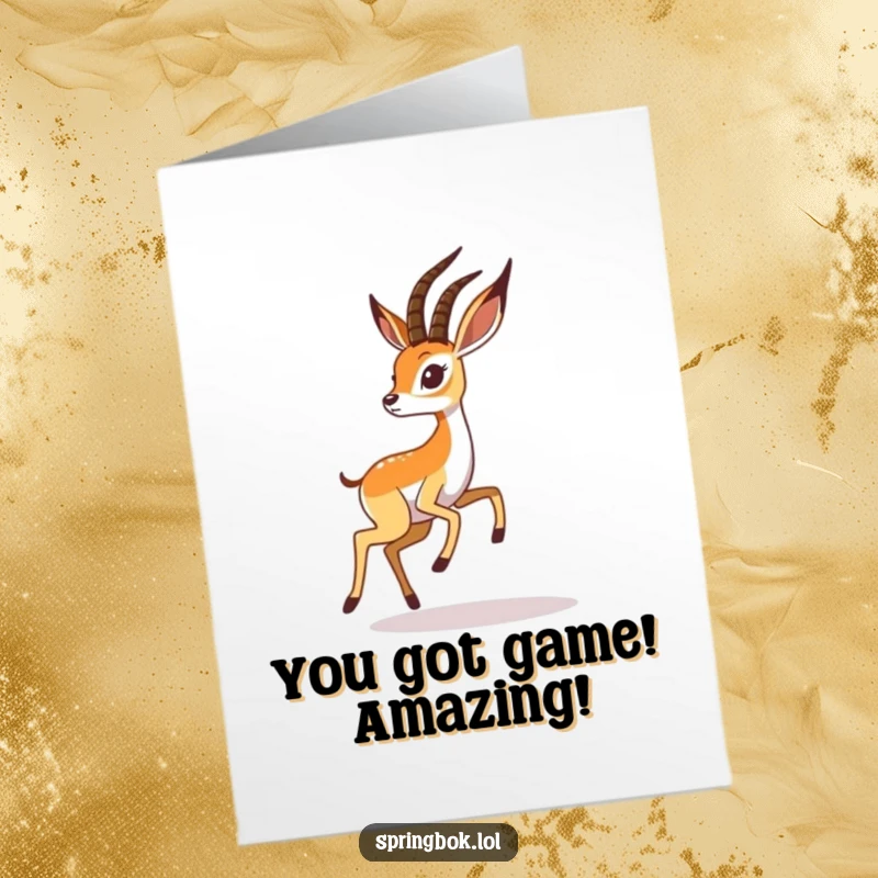 Funny Free Printable Congratulations Card: A springbok energetically plays, chasing its own shadow in a moment of fun.