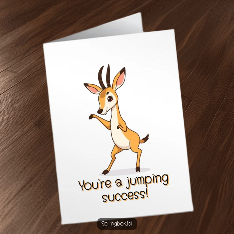 Funny Free Printable Congratulations Card: Energetic springbok performing a comical dance, perfect for sharing exciting news.