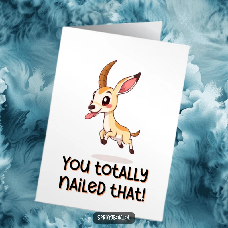 Free Printable Congratulations Card: A springbok caught mid-jump with its tongue playfully sticking out, symbolizing energetic celebration.