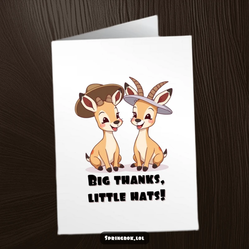 Funny Free Printable Thank You Card: Two springboks in oversized hats, caught mid-giggle, expressing thanks with humor.