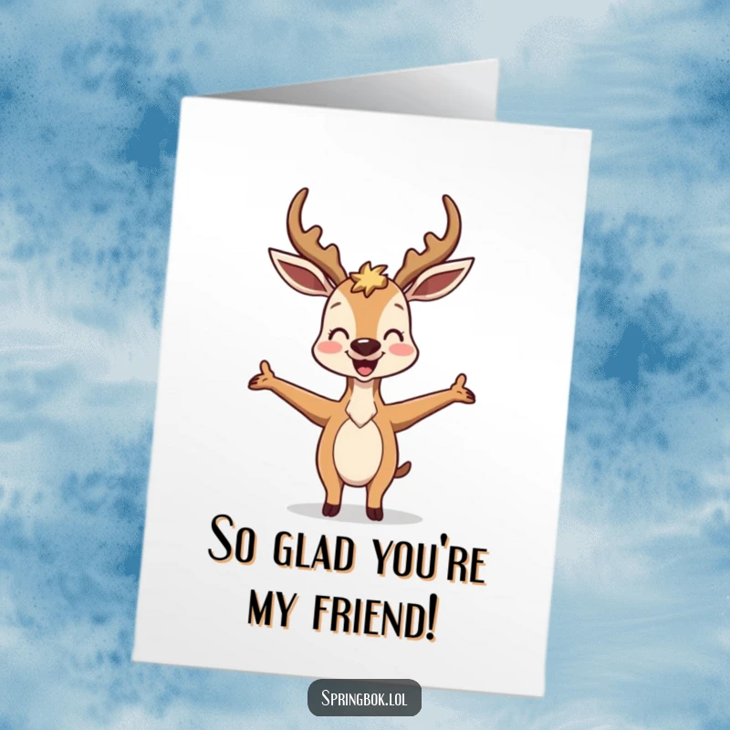 Funny Free Printable Thank You Card: Antelope expressing thanks with a joyful and extremely silly outstretched pose.