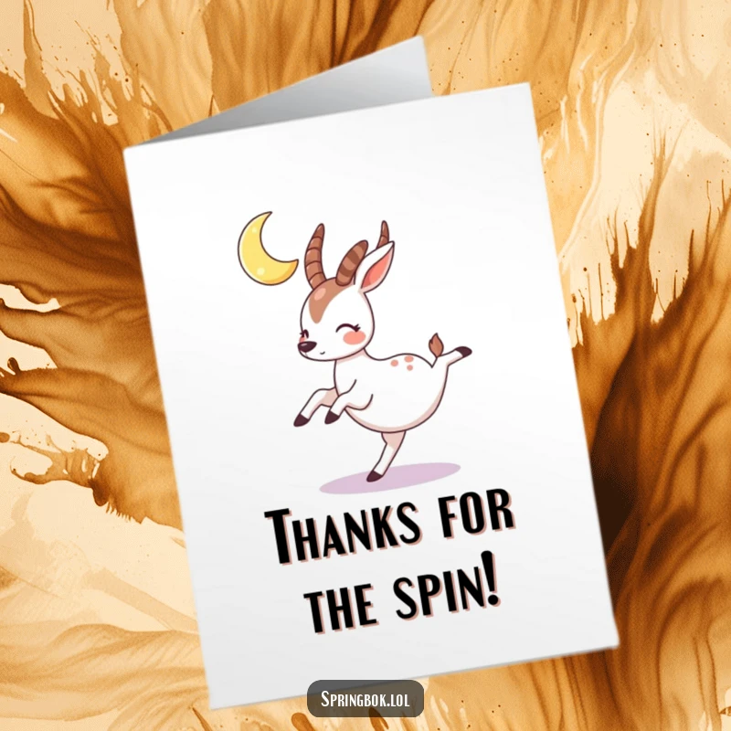 Funny free printable thank you card with a springbok character cartwheeling under a crescent moon, rosy cheeks shining.