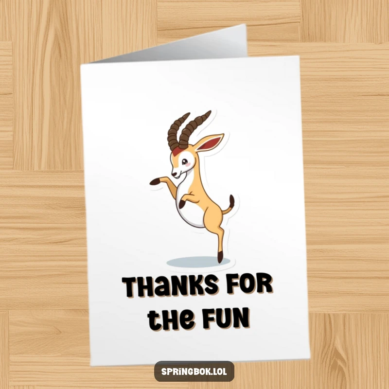 Funny Free Printable Thank You Card: A springbok playfully kicks its hind legs in the air while expressing thanks.