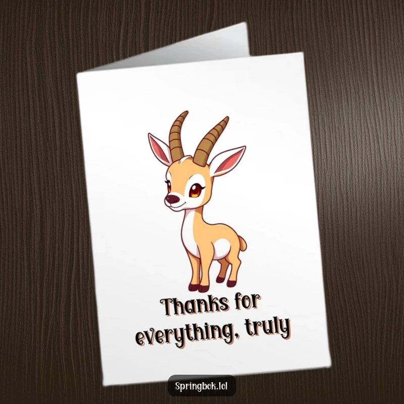Funny Free Printable Thank You Card: A springbok is captured in a humorous pose, looking inquisitively over its shoulder.